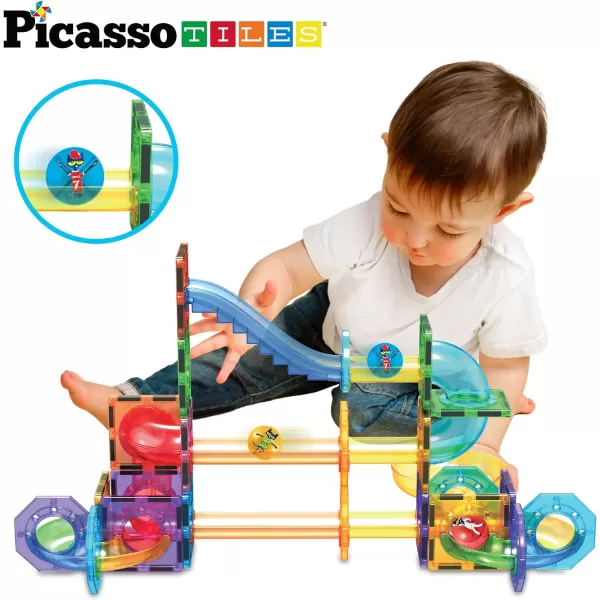 PicassoTiles Magnet Marble Run Tiles Pete The Cat Themed Character Marbles for Magnetic Building Block Construction Tile Maze Structures STEM Learning Pretend Play Fun Toys Girls Boys Ages 3 PTG02Pete the Cat 4PC