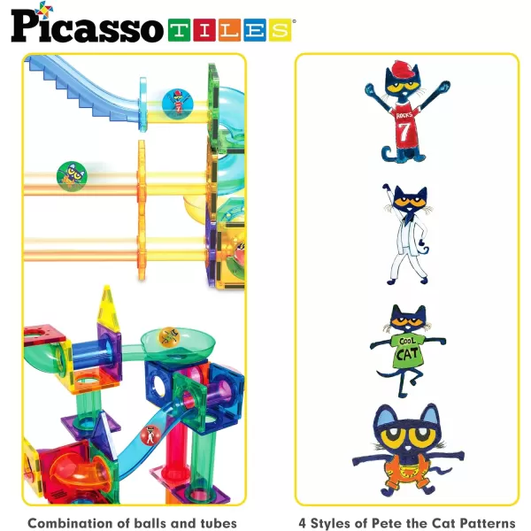 PicassoTiles Magnet Marble Run Tiles Pete The Cat Themed Character Marbles for Magnetic Building Block Construction Tile Maze Structures STEM Learning Pretend Play Fun Toys Girls Boys Ages 3 PTG02Pete the Cat 4PC