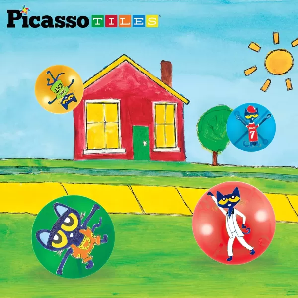 PicassoTiles Magnet Marble Run Tiles Pete The Cat Themed Character Marbles for Magnetic Building Block Construction Tile Maze Structures STEM Learning Pretend Play Fun Toys Girls Boys Ages 3 PTG02Pete the Cat 4PC