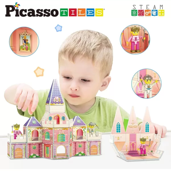 PicassoTiles Magnet Tile Building Blocks Ninja Dojo House Theme STEM Playset with 4 Character Action Figure Ninjas Weapon Accessories Magnetic Tiles Educational Toy Pretend Play Toddlers Ages 3 PTQ07Princess Castle