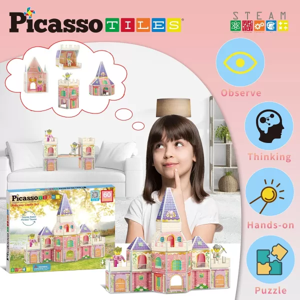 PicassoTiles Magnet Tile Building Blocks Ninja Dojo House Theme STEM Playset with 4 Character Action Figure Ninjas Weapon Accessories Magnetic Tiles Educational Toy Pretend Play Toddlers Ages 3 PTQ07Princess Castle