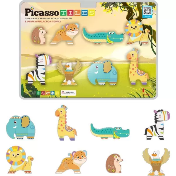 PicassoTiles 8pc Magnet Tile Building Blocks 8 Marine Animal Action Figures Compatible Magnetic Accessory Playset Tiles Kids Toys STEM Educational Learning Preschool Toddler Girls Boys Age 3 PTA25Safari