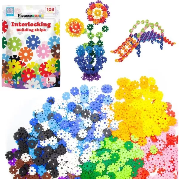 PicassoTiles Building Chips Interlocking Disc Construction Blocks in 12 Colors STEM Learning Early Education Toy Engineering Playset Child Brain Development for Toddlers Girls Boys Kids Age 3 PTF108Chip 108pc 12 Colors