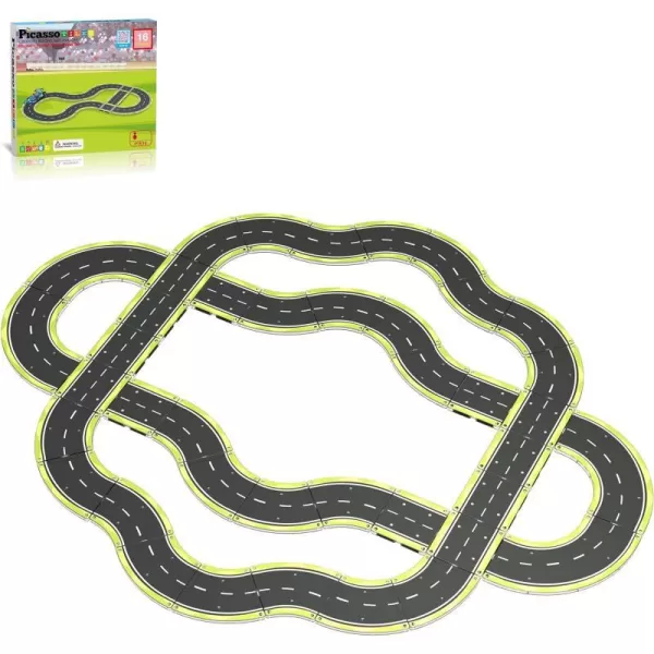 PicassoTiles Dinosaur Magnet Tile Race Car Track with 8 Magnetized Action Figures 2 Cars Accessory Street Sign Kit Magnetic Tiles Construction Building Block Pretend Play Education Toy Ages 3 PTR02Sppedway