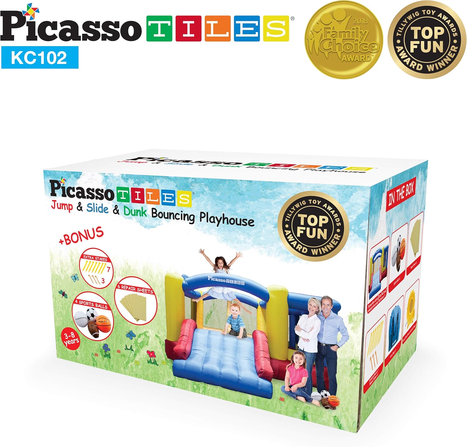 Upgrade Version PicassoTiles KC102 12x10 Foot Inflatable Bouncer Jumping Bouncing House Jump Slide Dunk Playhouse wBasketball Rim 4 Sports Balls FullSize Entry 580W ETL Certified Blower