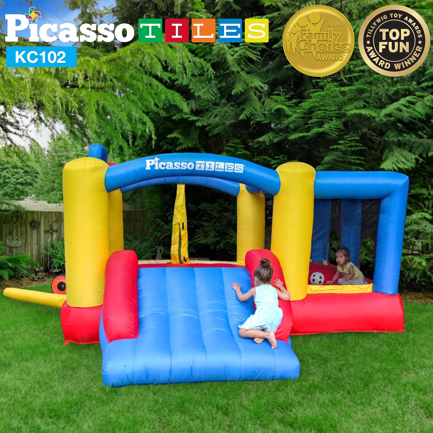 Upgrade Version PicassoTiles KC102 12x10 Foot Inflatable Bouncer Jumping Bouncing House Jump Slide Dunk Playhouse wBasketball Rim 4 Sports Balls FullSize Entry 580W ETL Certified Blower