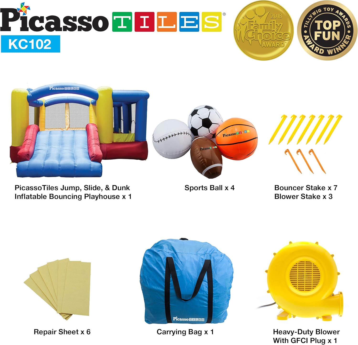 Upgrade Version PicassoTiles KC102 12x10 Foot Inflatable Bouncer Jumping Bouncing House Jump Slide Dunk Playhouse wBasketball Rim 4 Sports Balls FullSize Entry 580W ETL Certified Blower