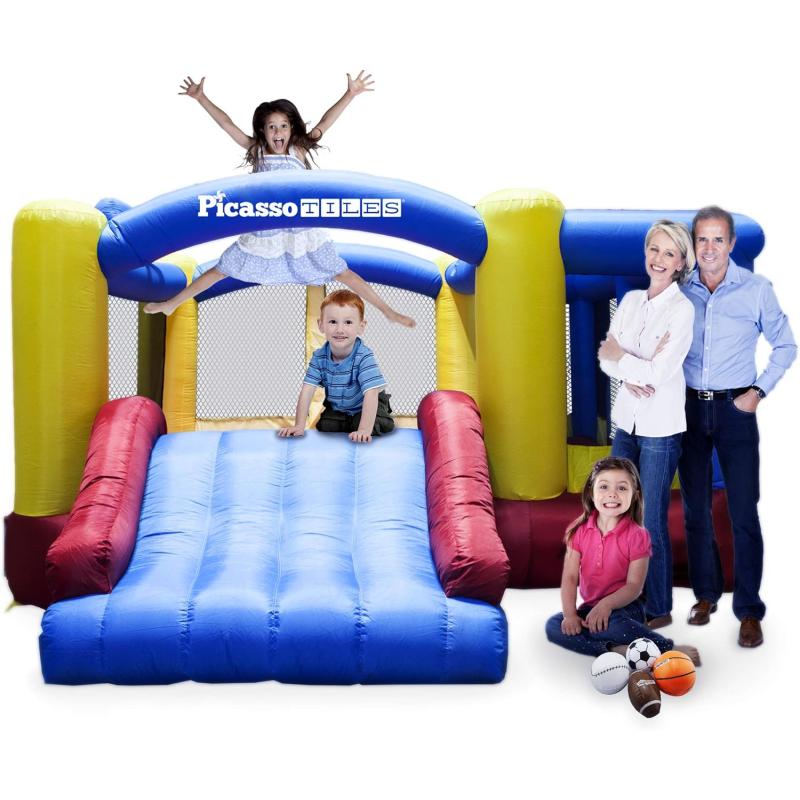 Upgrade Version PicassoTiles KC102 12x10 Foot Inflatable Bouncer Jumping Bouncing House Jump Slide Dunk Playhouse wBasketball Rim 4 Sports Balls FullSize Entry 580W ETL Certified Blower