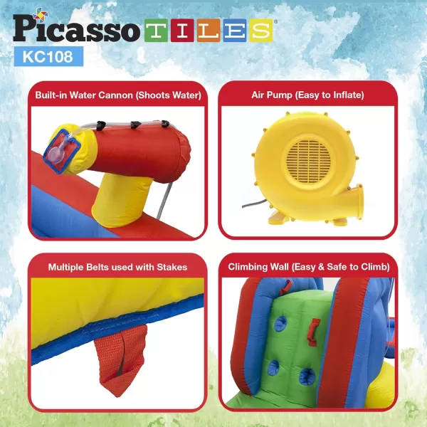 PicassoTiles KC108 Water Slide Park Inflatable Bouncing House wPool Area Splash Zone Climbing Wall Shower Head Sprays Mounts Water Cannon Mount and Heavy Duty GFCI ETL Certified 385W Blower
