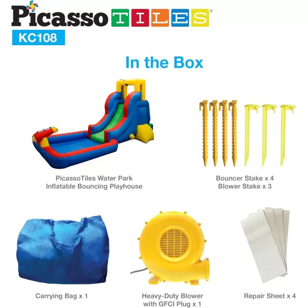 PicassoTiles KC108 Water Slide Park Inflatable Bouncing House wPool Area Splash Zone Climbing Wall Shower Head Sprays Mounts Water Cannon Mount and Heavy Duty GFCI ETL Certified 385W Blower