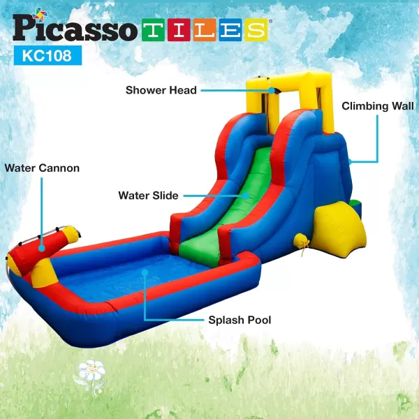 PicassoTiles KC108 Water Slide Park Inflatable Bouncing House wPool Area Splash Zone Climbing Wall Shower Head Sprays Mounts Water Cannon Mount and Heavy Duty GFCI ETL Certified 385W Blower