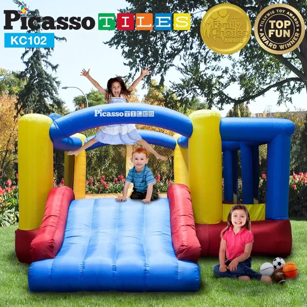 Upgrade Version PicassoTiles KC102 12x10 Foot Inflatable Bouncer Jumping Bouncing House Jump Slide Dunk Playhouse wBasketball Rim 4 Sports Balls FullSize Entry 580W ETL Certified Blower