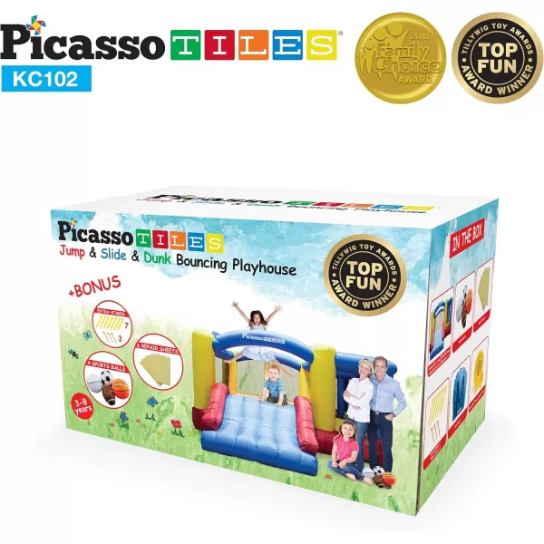 Upgrade Version PicassoTiles KC102 12x10 Foot Inflatable Bouncer Jumping Bouncing House Jump Slide Dunk Playhouse wBasketball Rim 4 Sports Balls FullSize Entry 580W ETL Certified Blower