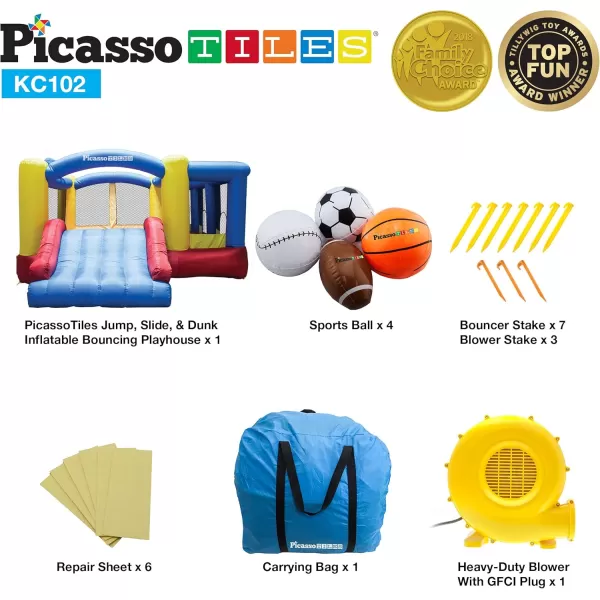 Upgrade Version PicassoTiles KC102 12x10 Foot Inflatable Bouncer Jumping Bouncing House Jump Slide Dunk Playhouse wBasketball Rim 4 Sports Balls FullSize Entry 580W ETL Certified Blower