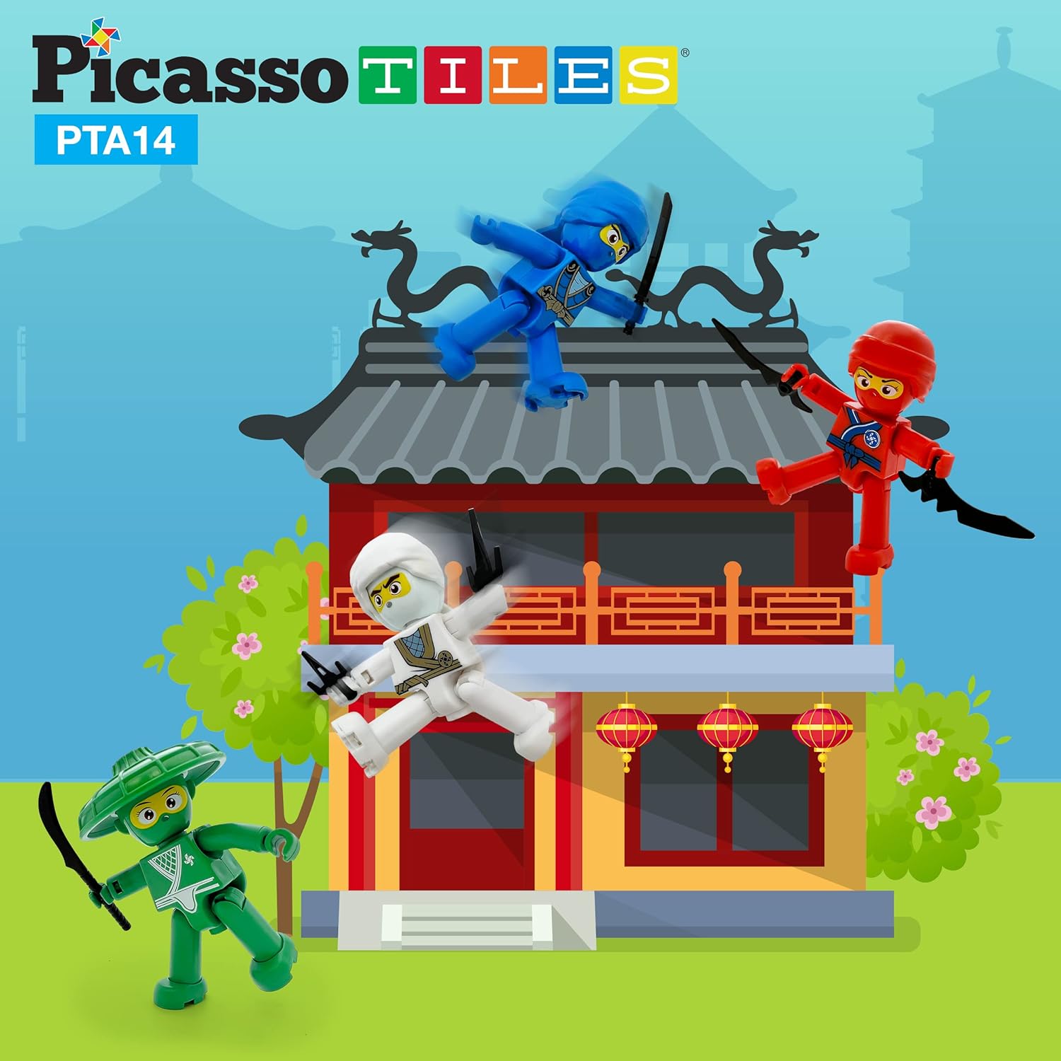 Picasso Toys Magnetic Figures 4 Piece Ninja Character Action Building Block Tiles Toddler Toy Set Magnet Expansion Pack Ages 3 and up Educational STEM Learning Kit Pretend Playset Construction PTA14Ninja