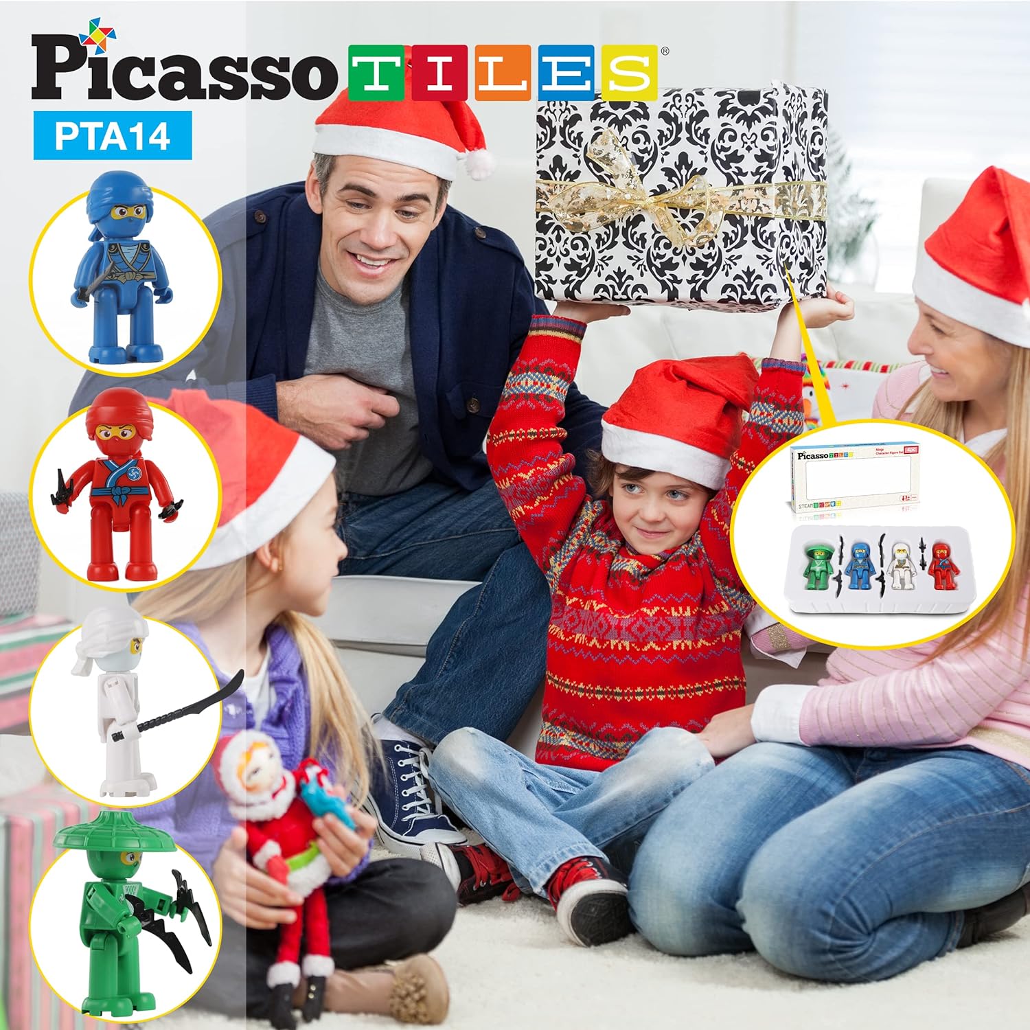 Picasso Toys Magnetic Figures 4 Piece Ninja Character Action Building Block Tiles Toddler Toy Set Magnet Expansion Pack Ages 3 and up Educational STEM Learning Kit Pretend Playset Construction PTA14Ninja