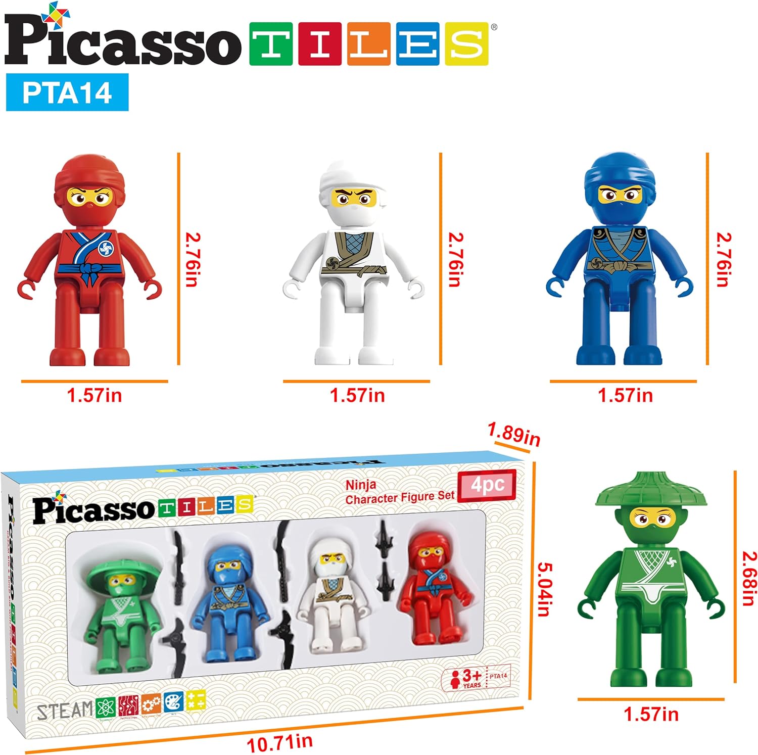 Picasso Toys Magnetic Figures 4 Piece Ninja Character Action Building Block Tiles Toddler Toy Set Magnet Expansion Pack Ages 3 and up Educational STEM Learning Kit Pretend Playset Construction PTA14Ninja