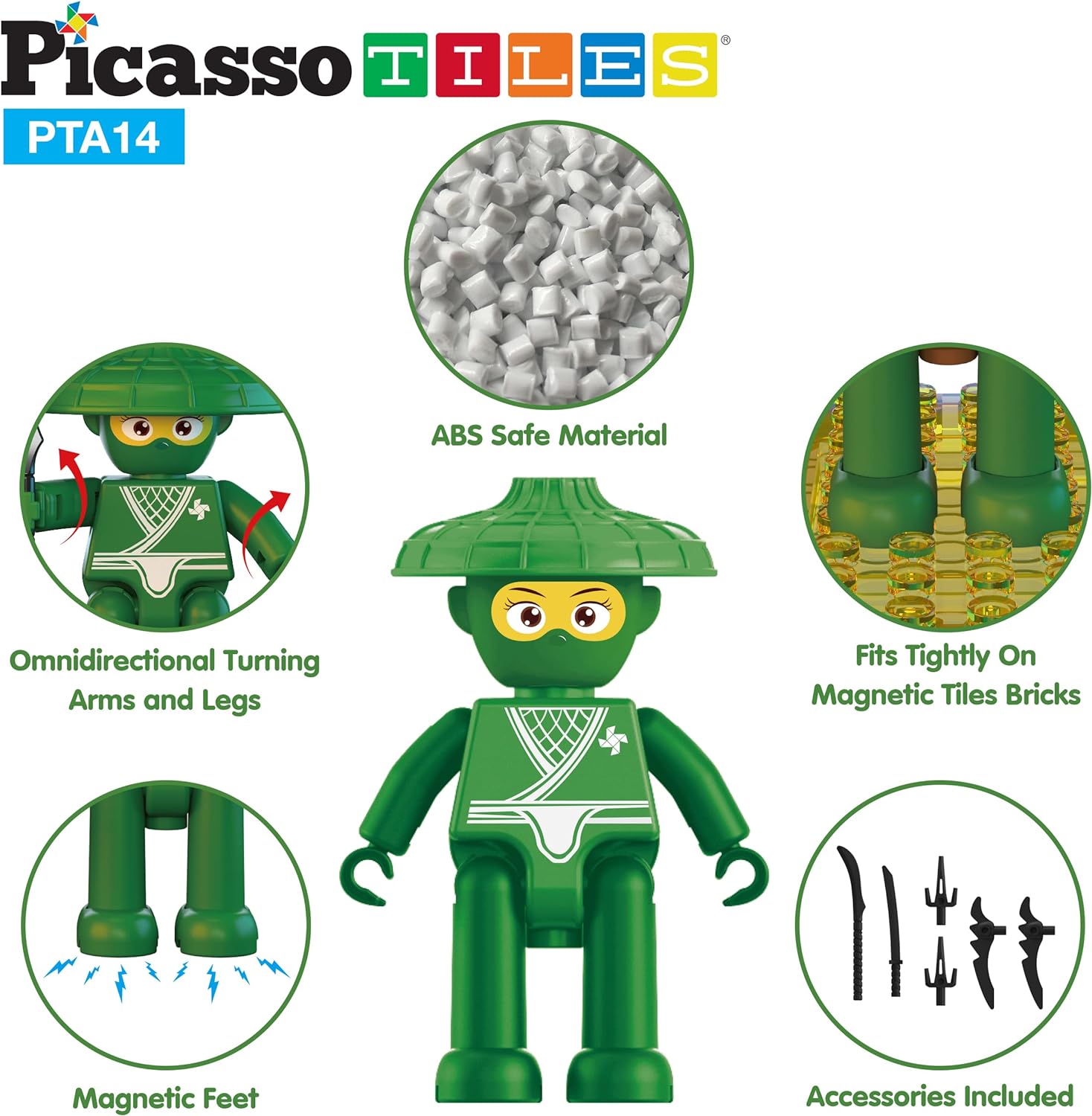 Picasso Toys Magnetic Figures 4 Piece Ninja Character Action Building Block Tiles Toddler Toy Set Magnet Expansion Pack Ages 3 and up Educational STEM Learning Kit Pretend Playset Construction PTA14Ninja