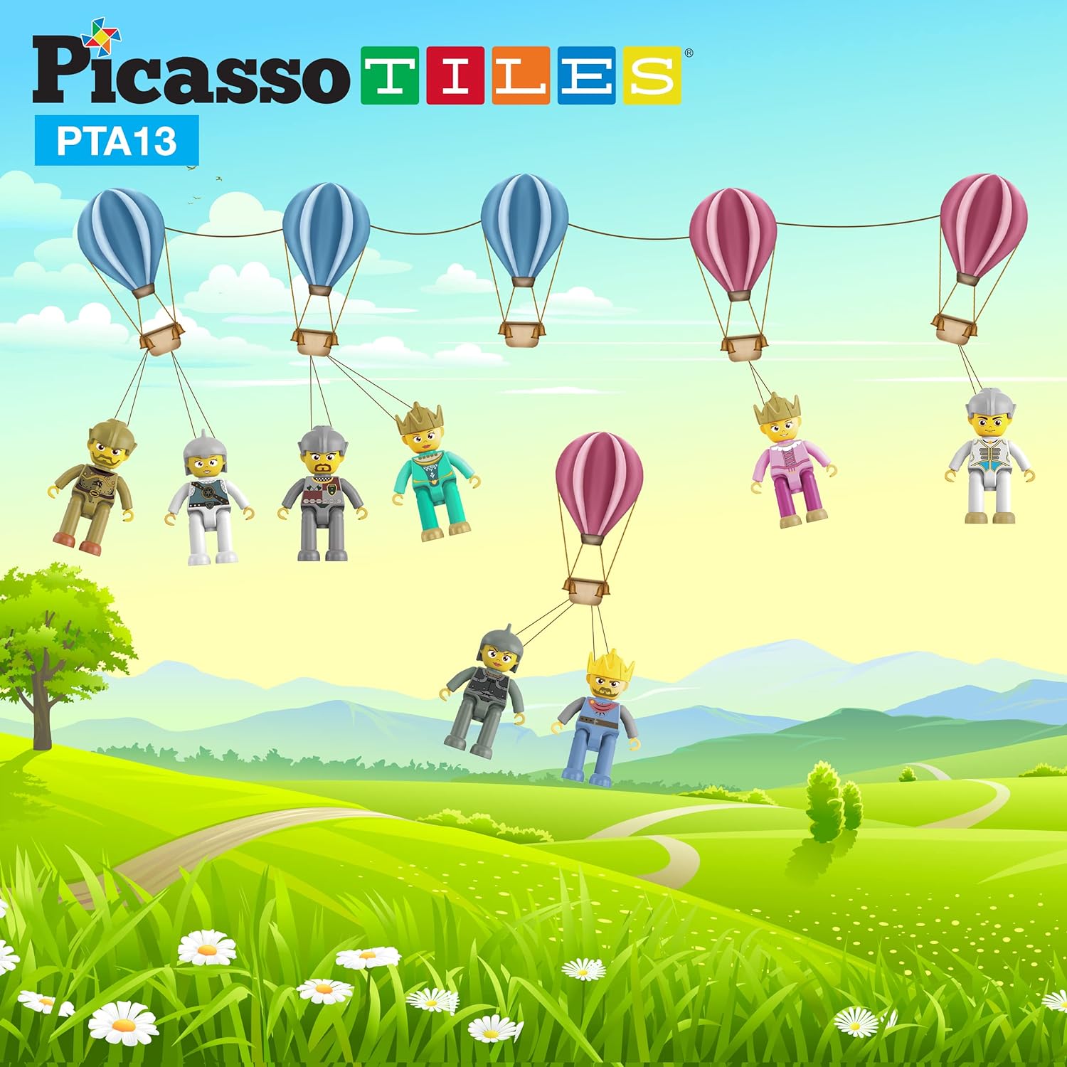 Picasso Toys Magnetic Figures 4 Piece Ninja Character Action Building Block Tiles Toddler Toy Set Magnet Expansion Pack Ages 3 and up Educational STEM Learning Kit Pretend Playset Construction PTA14Medieval King and Knights