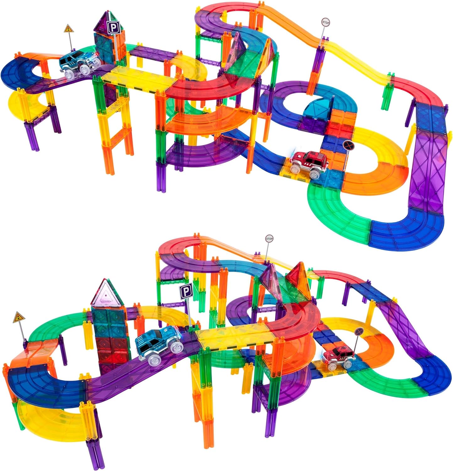 PicassoTiles 100 PCs Race Car Track Set Magnetic Toy Building Block with 2 LED Cars with Height Adjustable Roads Signs Education STEM Building Kit Learning Construction Fun for Boys amp Girls Ages 3PTR100