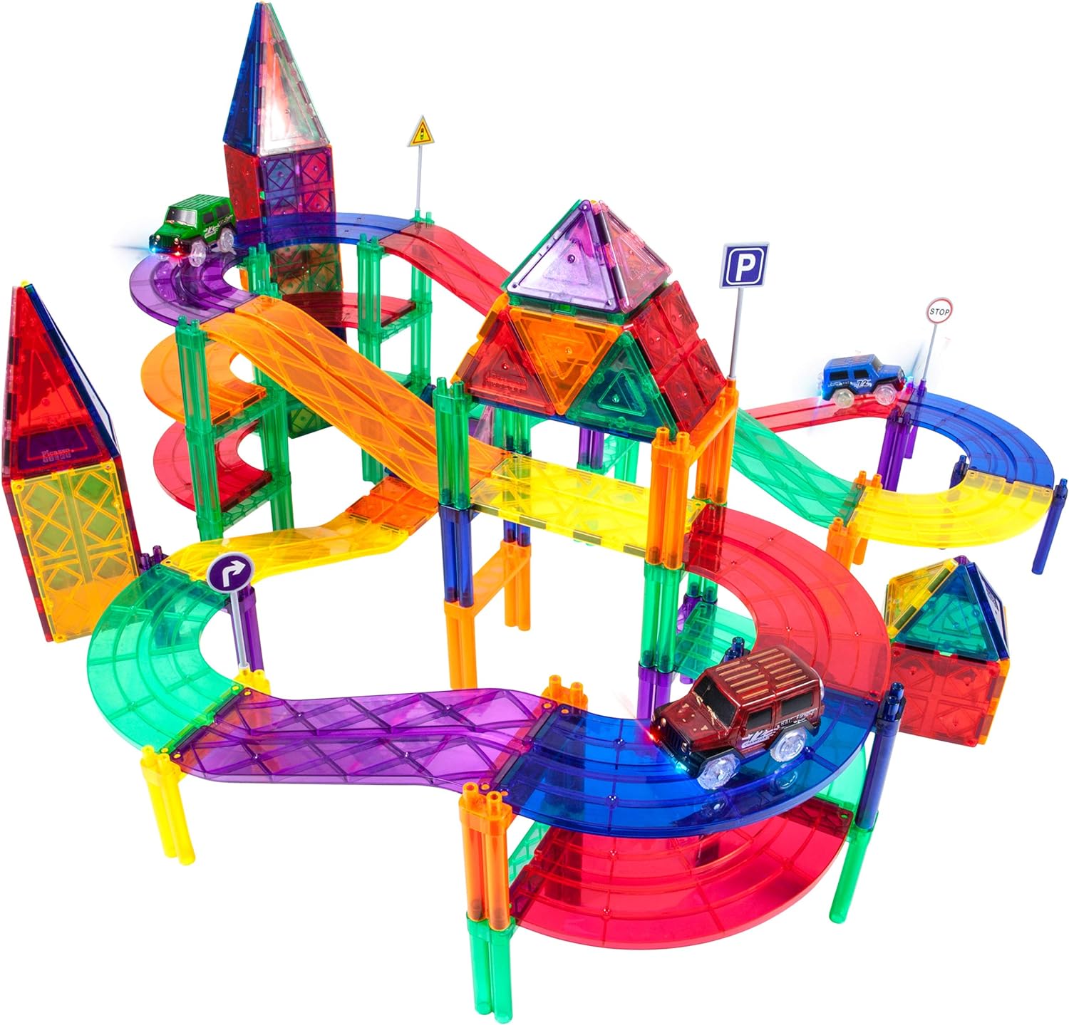 PicassoTiles 100 PCs Race Car Track Set Magnetic Toy Building Block with 2 LED Cars with Height Adjustable Roads Signs Education STEM Building Kit Learning Construction Fun for Boys amp Girls Ages 3PTR128