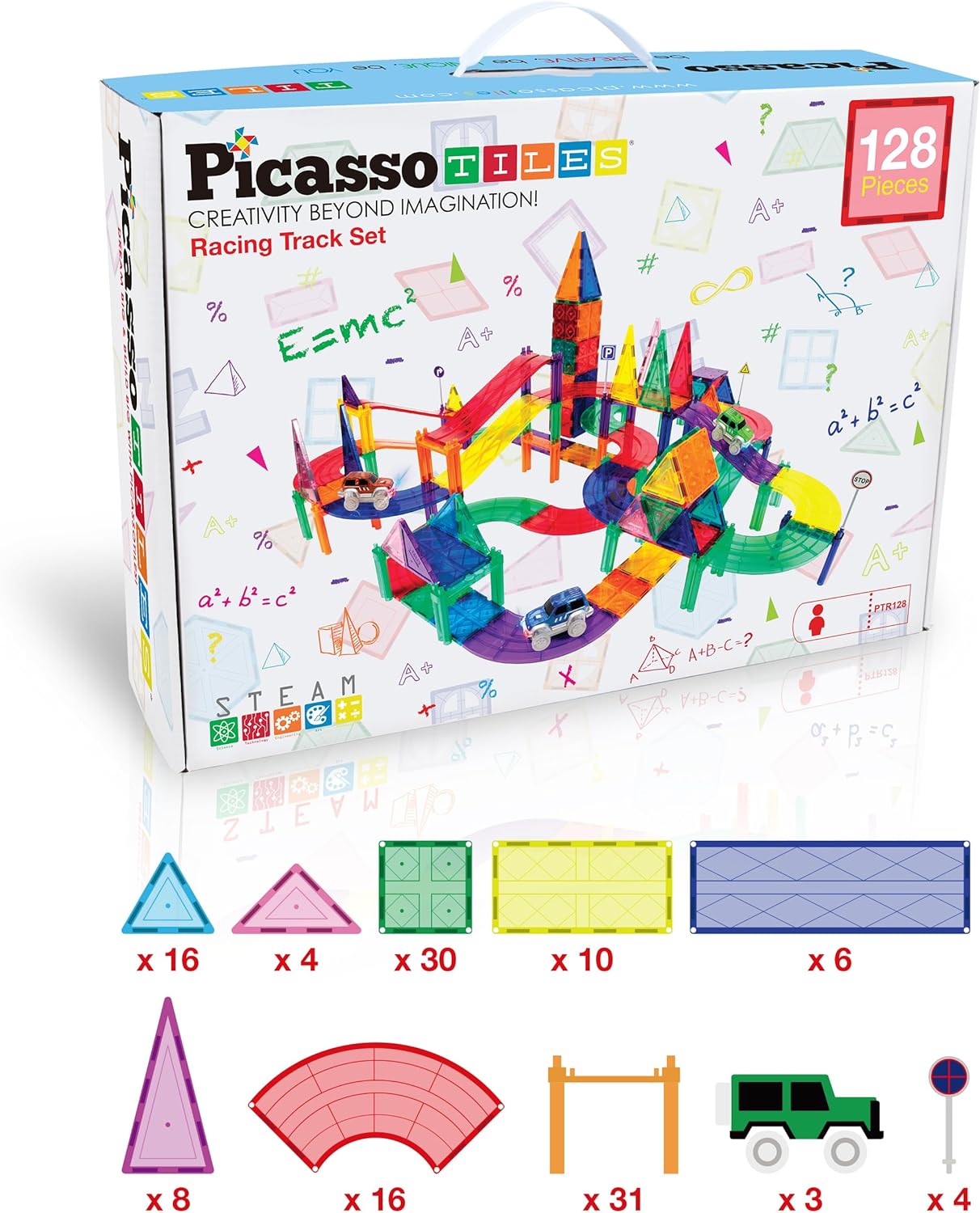 PicassoTiles 100 PCs Race Car Track Set Magnetic Toy Building Block with 2 LED Cars with Height Adjustable Roads Signs Education STEM Building Kit Learning Construction Fun for Boys amp Girls Ages 3PTR128