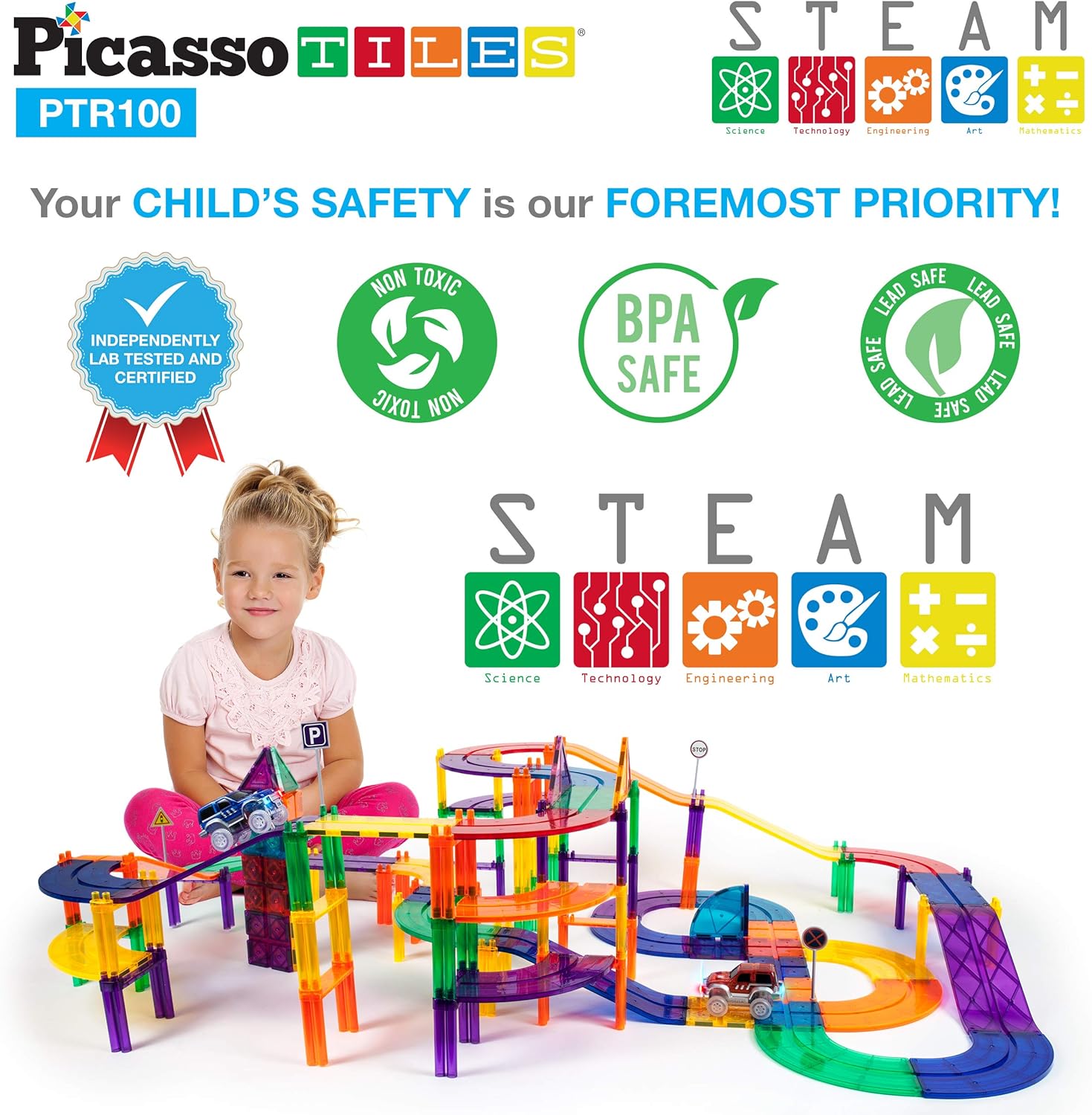 PicassoTiles 100 PCs Race Car Track Set Magnetic Toy Building Block with 2 LED Cars with Height Adjustable Roads Signs Education STEM Building Kit Learning Construction Fun for Boys amp Girls Ages 3PTR100