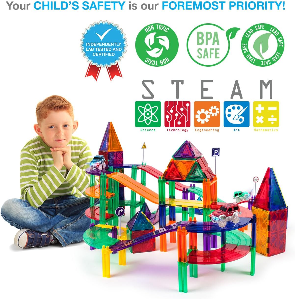 PicassoTiles 100 PCs Race Car Track Set Magnetic Toy Building Block with 2 LED Cars with Height Adjustable Roads Signs Education STEM Building Kit Learning Construction Fun for Boys amp Girls Ages 3PTR128