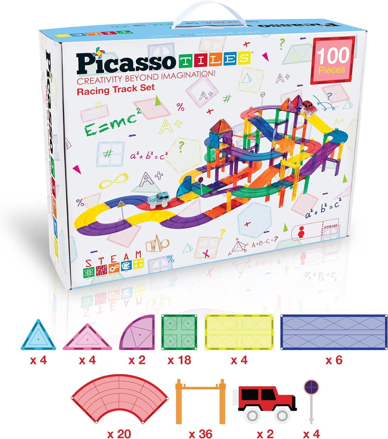 PicassoTiles 100 PCs Race Car Track Set Magnetic Toy Building Block with 2 LED Cars with Height Adjustable Roads Signs Education STEM Building Kit Learning Construction Fun for Boys amp Girls Ages 3PTR100