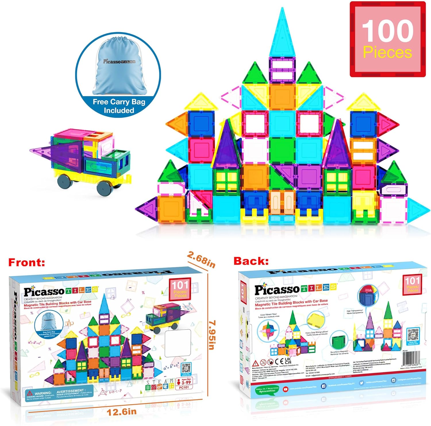 PicassoTiles 101pc Magnetic Tile Building Blocks with Car Base Drawstring Carry Toy Storage Bag Magnetized Block for Kids Magnet ToySet Educational STEM Learning Child Brain Development Ages 3 PC101PicassoTiles 101pc Magnetic Tile Building Blocks with Car Base Drawstring Carry Toy Storage Bag Magnetized Block for Kids Magnet ToySet Educational STEM Learning Child Brain Development Ages 3 PC101