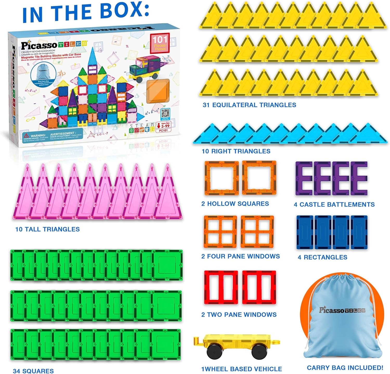 PicassoTiles 101pc Magnetic Tile Building Blocks with Car Base Drawstring Carry Toy Storage Bag Magnetized Block for Kids Magnet ToySet Educational STEM Learning Child Brain Development Ages 3 PC101PicassoTiles 101pc Magnetic Tile Building Blocks with Car Base Drawstring Carry Toy Storage Bag Magnetized Block for Kids Magnet ToySet Educational STEM Learning Child Brain Development Ages 3 PC101