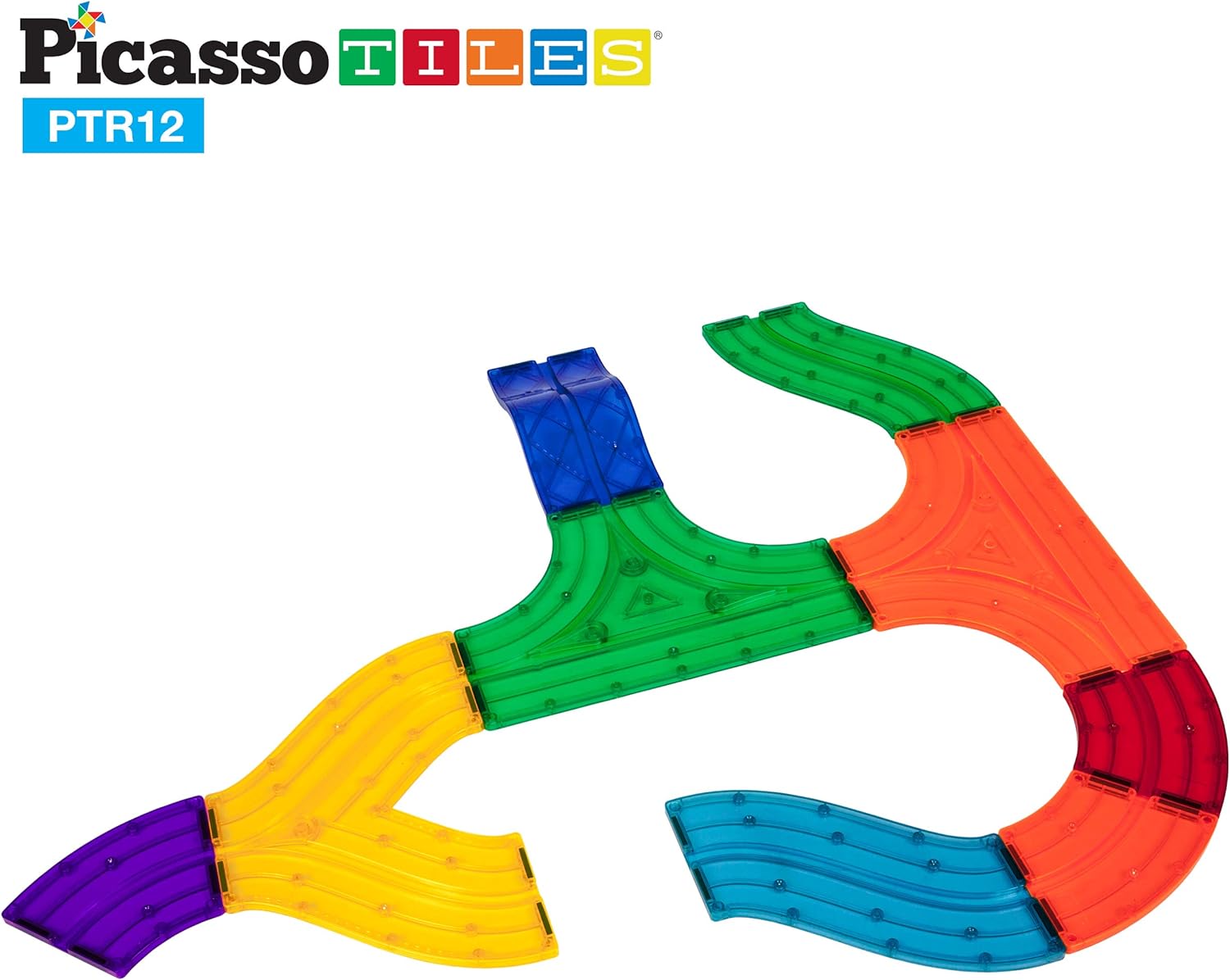 PicassoTiles 12 Piece Race Track AddOn Magnetic Building Block Set Magnet Tiles Construction Toy STEM Learning Kit Early Education Kids Toys Playset Pretend Play Blocks Child Brain Development PTR12PTR12