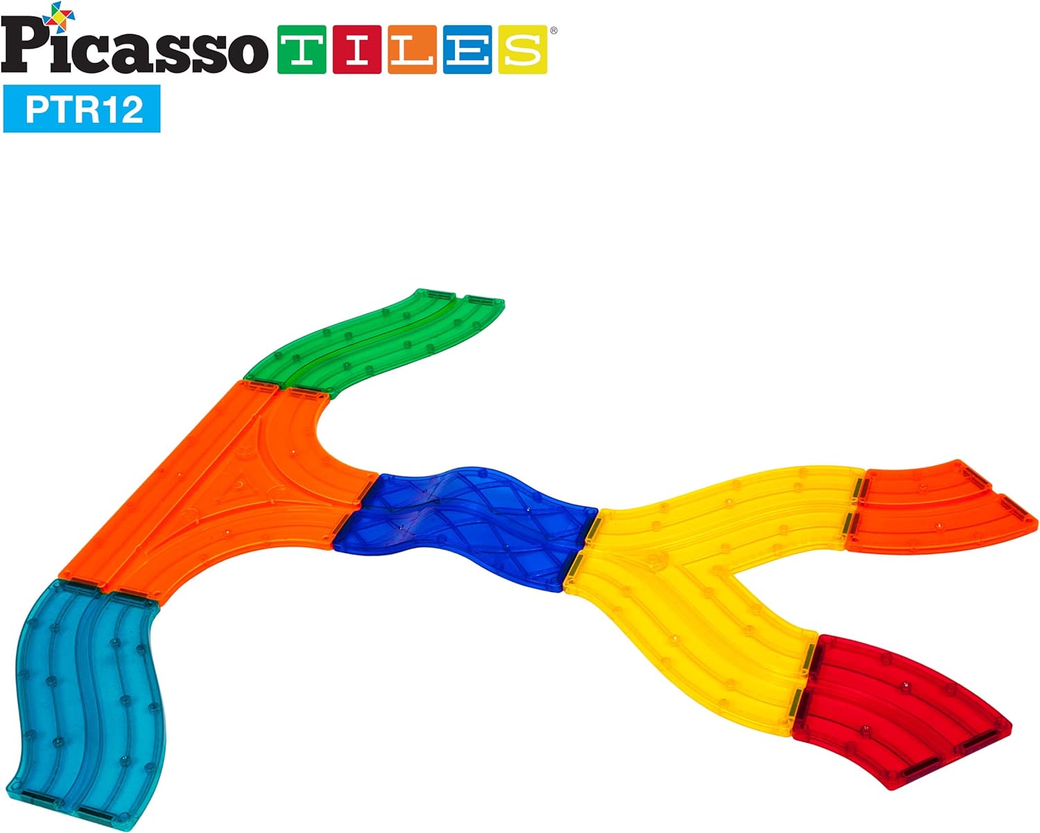 PicassoTiles 12 Piece Race Track AddOn Magnetic Building Block Set Magnet Tiles Construction Toy STEM Learning Kit Early Education Kids Toys Playset Pretend Play Blocks Child Brain Development PTR12PTR12