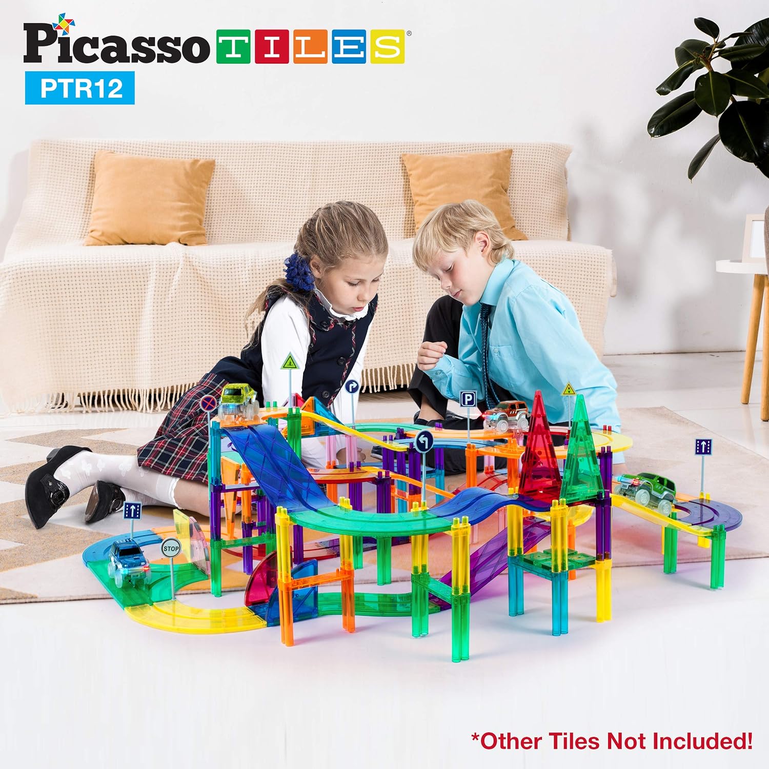 PicassoTiles 12 Piece Race Track AddOn Magnetic Building Block Set Magnet Tiles Construction Toy STEM Learning Kit Early Education Kids Toys Playset Pretend Play Blocks Child Brain Development PTR12PTR12