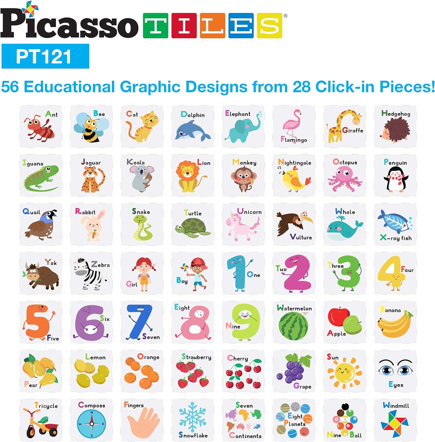 PicassoTiles 121 pc Master Builder Magnetic Building Block Construction Set Magnet Tiles Blocks with Car Truck 2 Character Action Figures 28 Educational Alphabet Animal and Number Graphics Windmill121PC