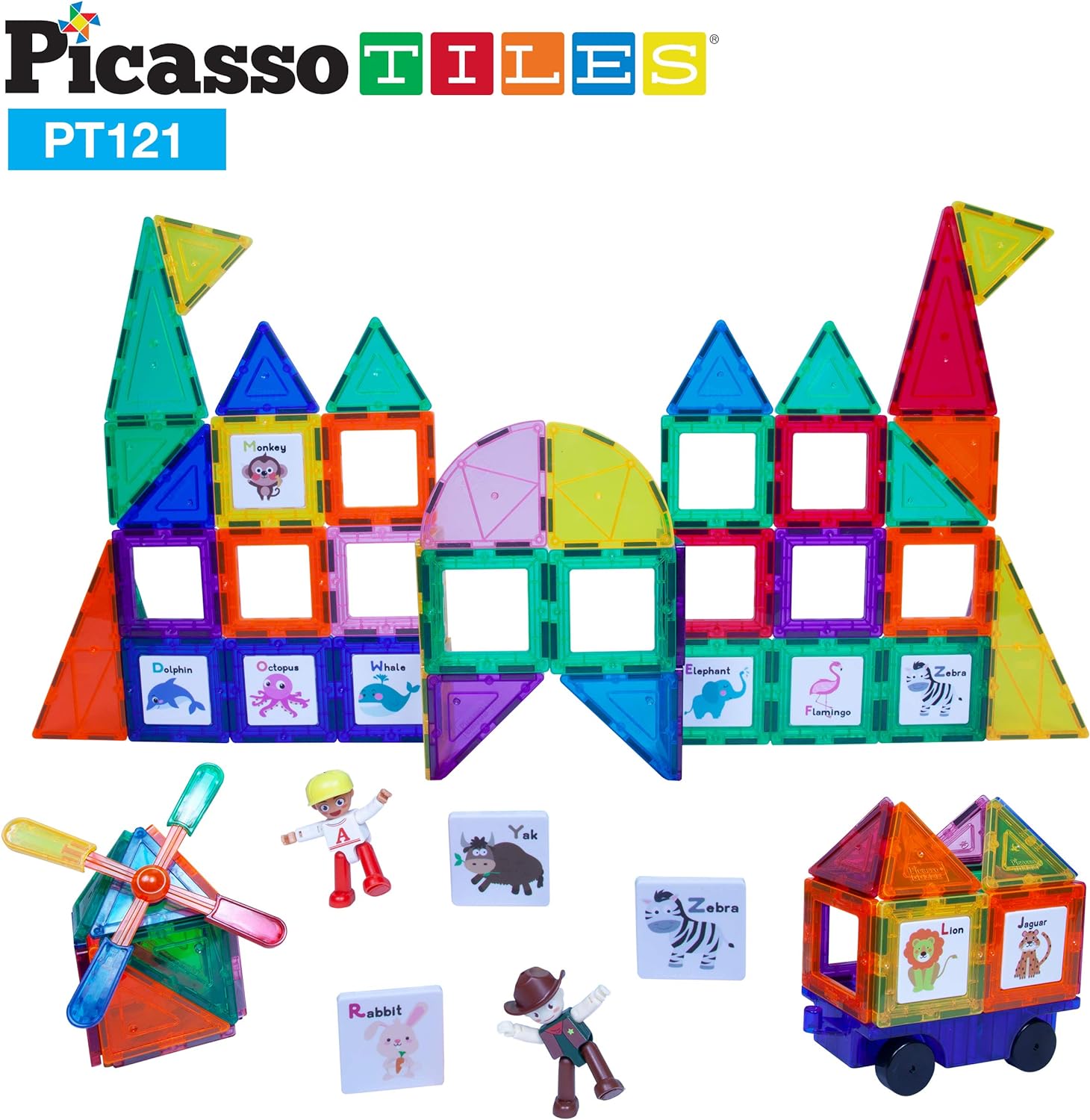 PicassoTiles 121 pc Master Builder Magnetic Building Block Construction Set Magnet Tiles Blocks with Car Truck 2 Character Action Figures 28 Educational Alphabet Animal and Number Graphics Windmill121PC