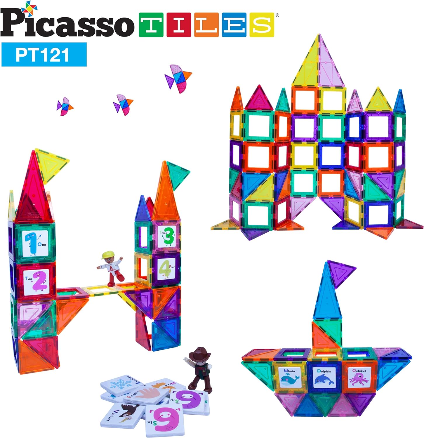 PicassoTiles 121 pc Master Builder Magnetic Building Block Construction Set Magnet Tiles Blocks with Car Truck 2 Character Action Figures 28 Educational Alphabet Animal and Number Graphics Windmill121PC