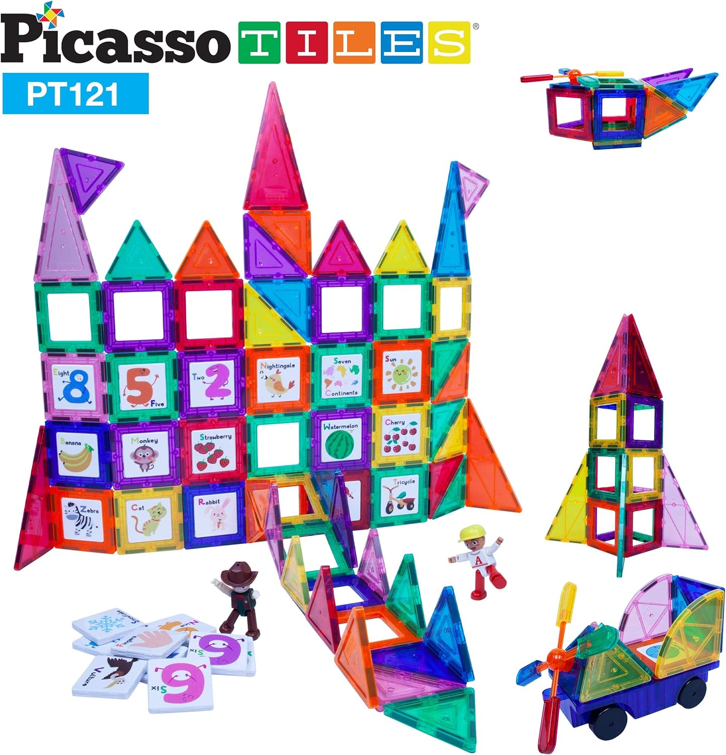 PicassoTiles 121 pc Master Builder Magnetic Building Block Construction Set Magnet Tiles Blocks with Car Truck 2 Character Action Figures 28 Educational Alphabet Animal and Number Graphics Windmill121PC