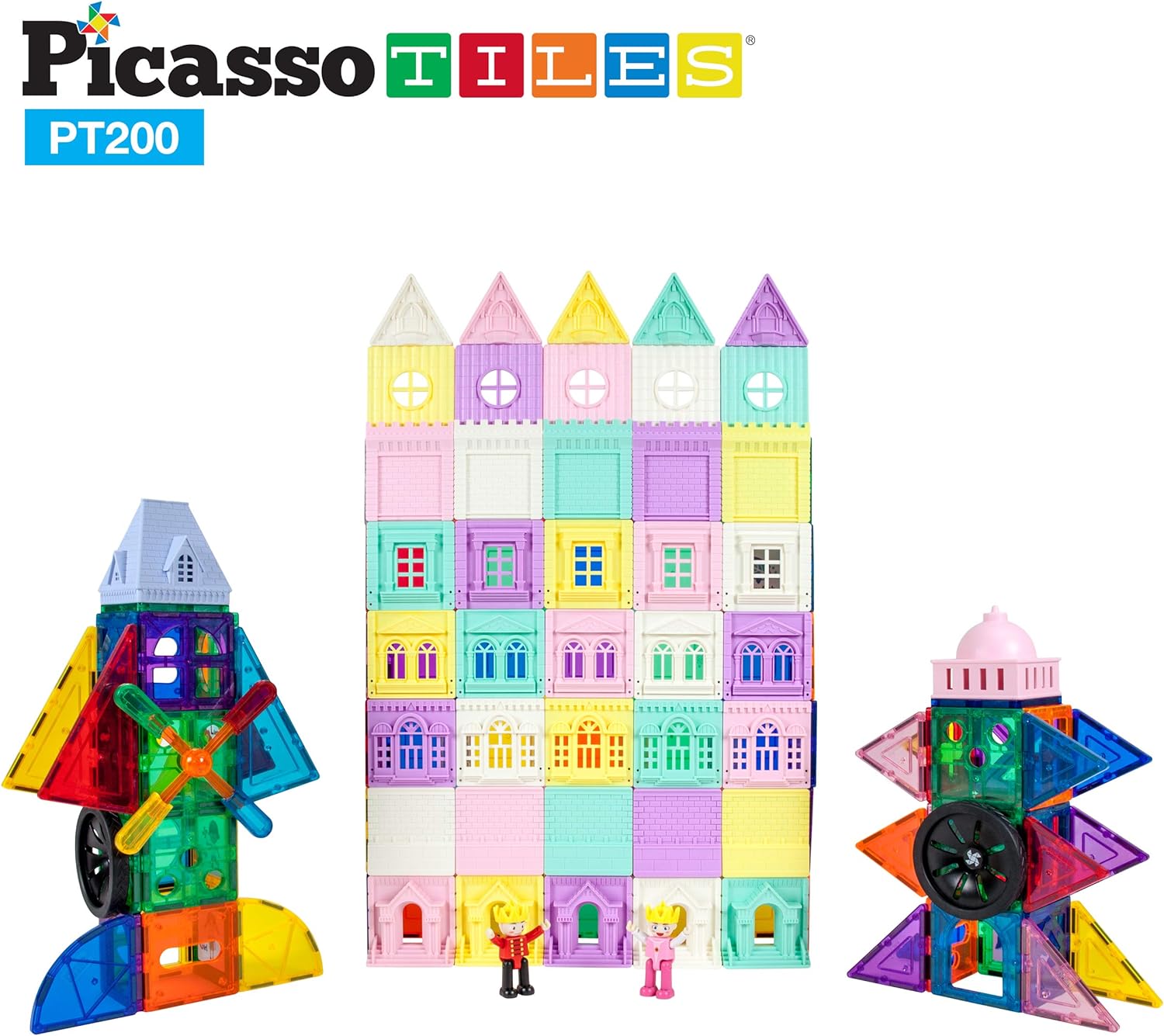 PicassoTiles 200 PCs Magnetic Tiles Castle Theme with 2 Figures Character Car and Windmill Set STEM Educational Playset for Kids Multicolor Toy Magnet Building Block for Boys and Girls Ages 3PT200