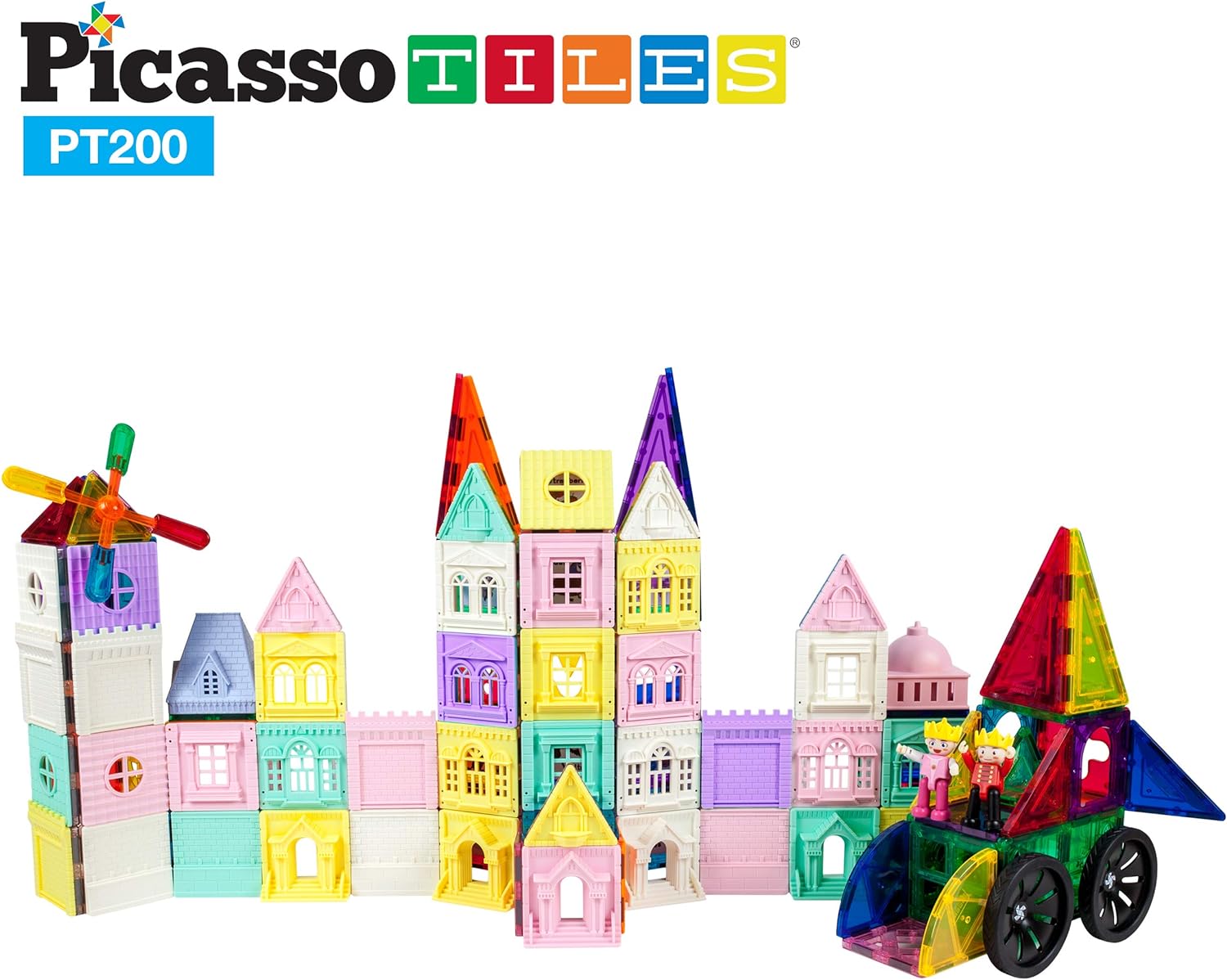 PicassoTiles 200 PCs Magnetic Tiles Castle Theme with 2 Figures Character Car and Windmill Set STEM Educational Playset for Kids Multicolor Toy Magnet Building Block for Boys and Girls Ages 3PT200