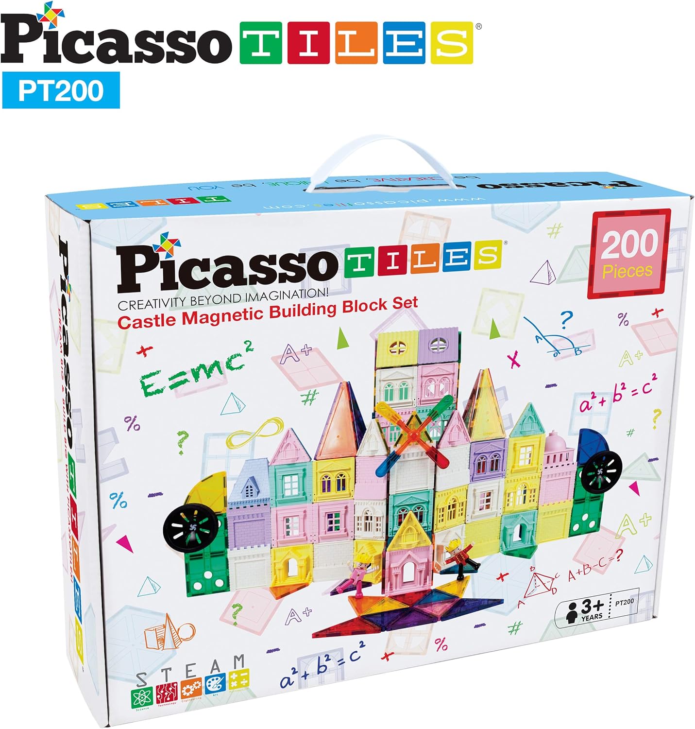 PicassoTiles 200 PCs Magnetic Tiles Castle Theme with 2 Figures Character Car and Windmill Set STEM Educational Playset for Kids Multicolor Toy Magnet Building Block for Boys and Girls Ages 3PT200