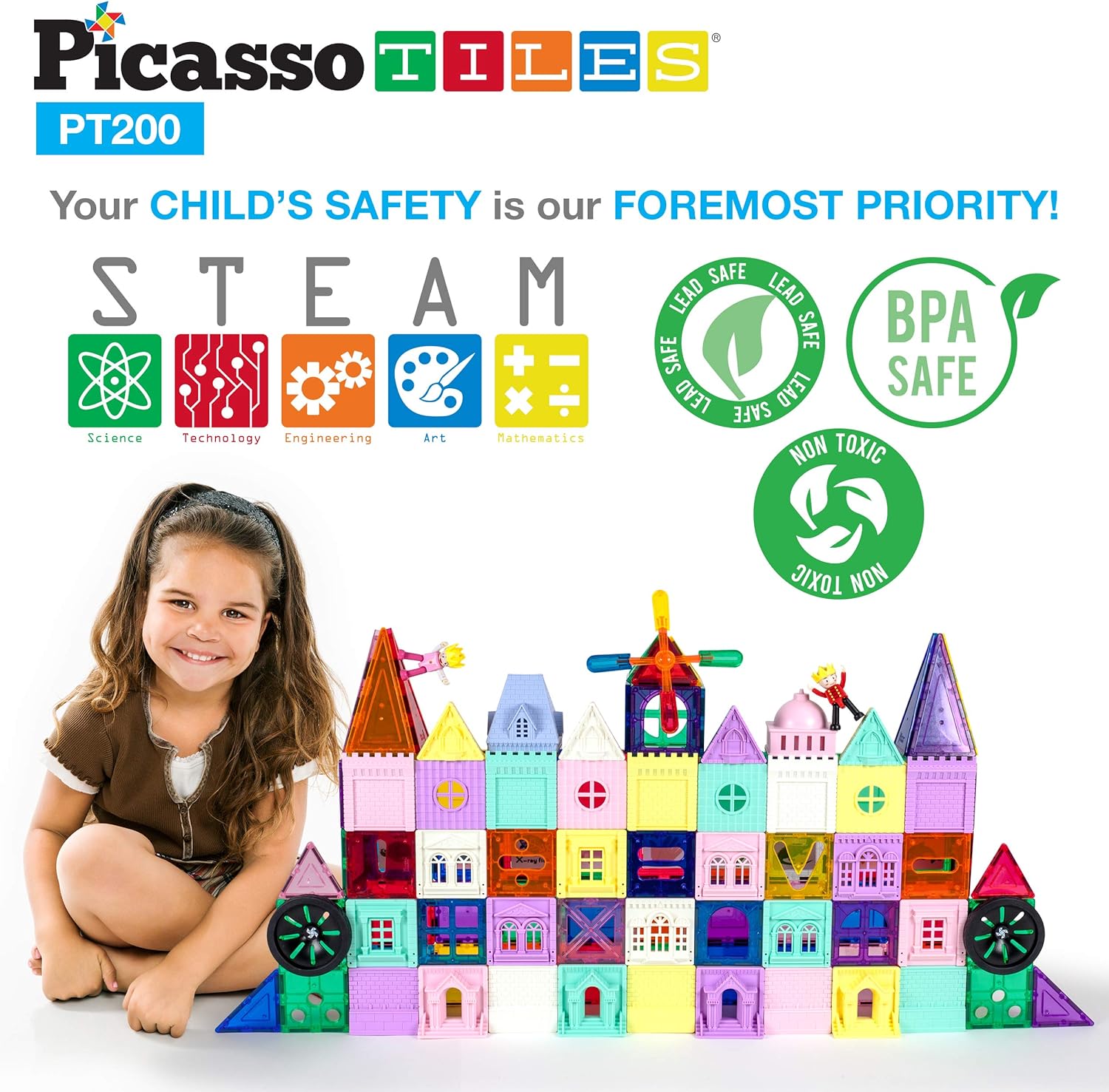 PicassoTiles 200 PCs Magnetic Tiles Castle Theme with 2 Figures Character Car and Windmill Set STEM Educational Playset for Kids Multicolor Toy Magnet Building Block for Boys and Girls Ages 3PT200