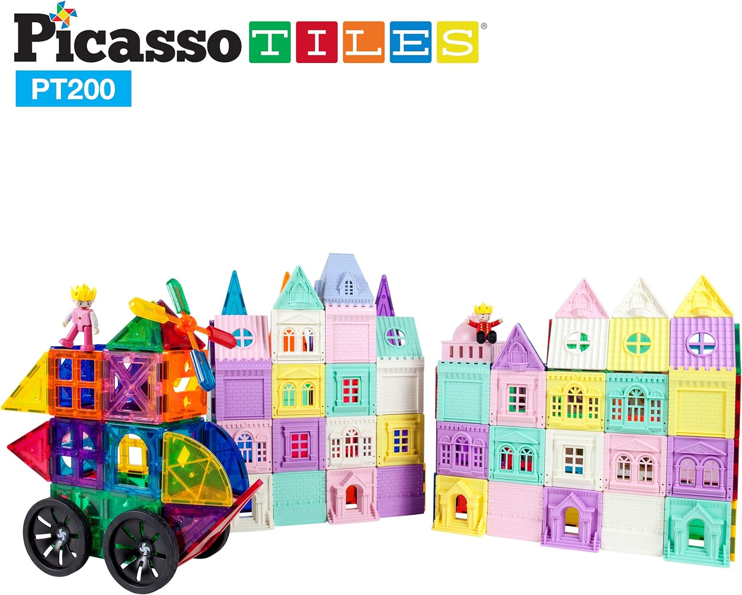PicassoTiles 200 PCs Magnetic Tiles Castle Theme with 2 Figures Character Car and Windmill Set STEM Educational Playset for Kids Multicolor Toy Magnet Building Block for Boys and Girls Ages 3PT200