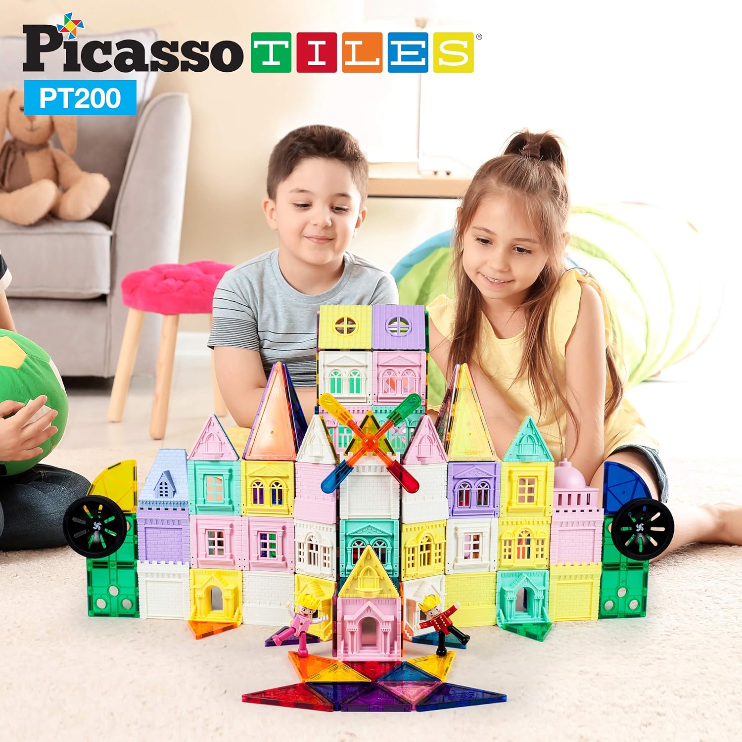 PicassoTiles 200 PCs Magnetic Tiles Castle Theme with 2 Figures Character Car and Windmill Set STEM Educational Playset for Kids Multicolor Toy Magnet Building Block for Boys and Girls Ages 3PT200
