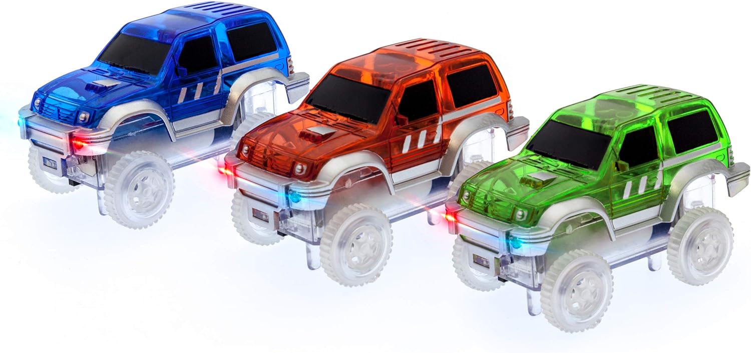 PicassoTiles 3 pcs Magnetic Toy Car Set Light Up LED Highly Detailed Compatible with Magnet Race Track STEM Truck Replacement Accessories Educational Building Kits for Toddlers Boys amp Girls Ages 3PTE06