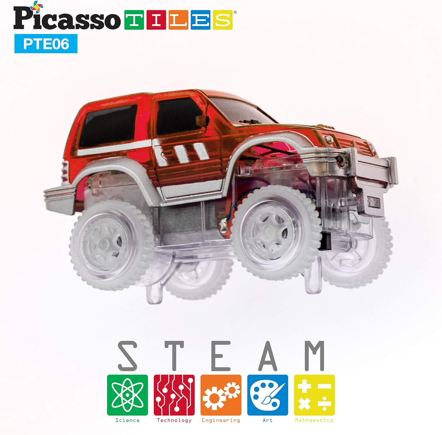 PicassoTiles 3 pcs Magnetic Toy Car Set Light Up LED Highly Detailed Compatible with Magnet Race Track STEM Truck Replacement Accessories Educational Building Kits for Toddlers Boys amp Girls Ages 3PTE06