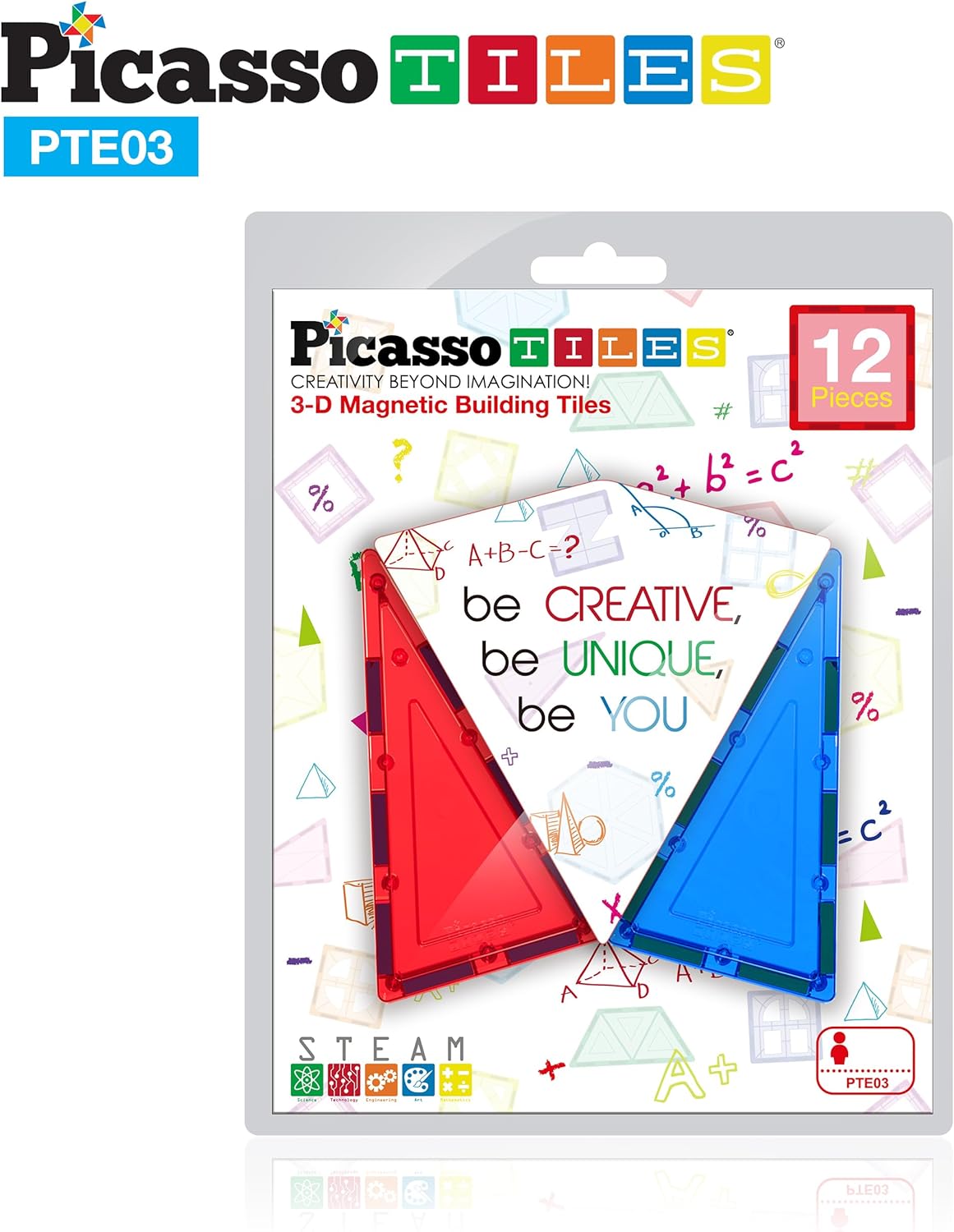 PicassoTiles 4 Piece Magnetic Building Block Large Square Shape Magnet Tiles Construction Toy STEM Learning Kit Educational Playset Playboard Pretend Play Stacking Blocks Child Brain Development PTE0912Pc I Triangle
