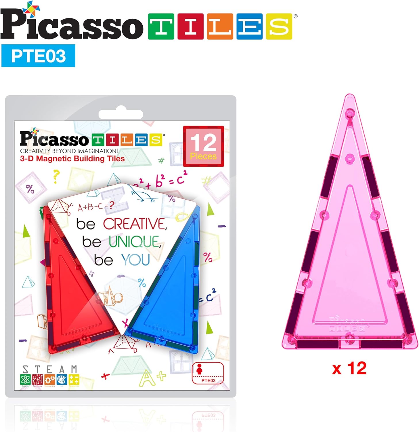 PicassoTiles 4 Piece Magnetic Building Block Large Square Shape Magnet Tiles Construction Toy STEM Learning Kit Educational Playset Playboard Pretend Play Stacking Blocks Child Brain Development PTE0912Pc I Triangle