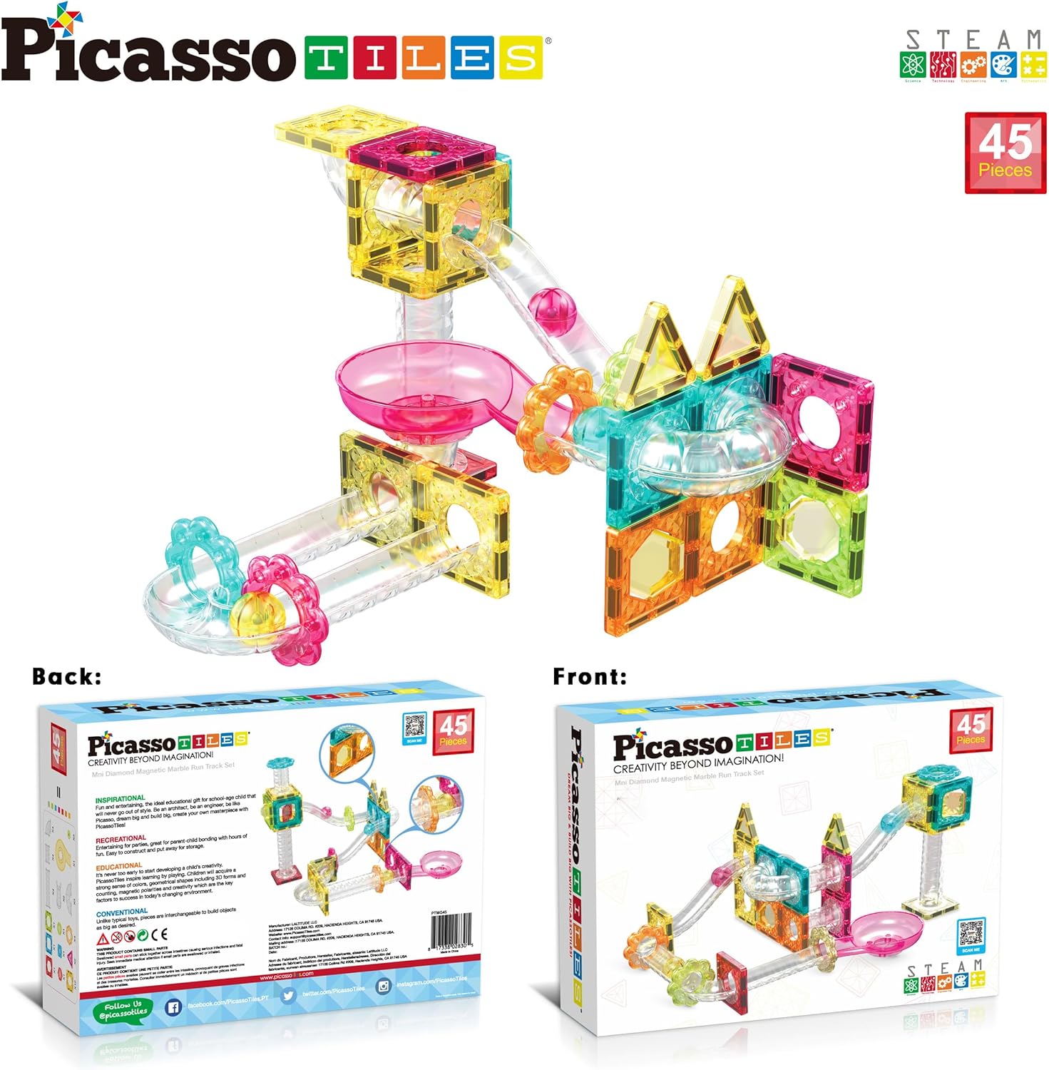 PicassoTiles 40pc Mini Diamond Series Magnetic Tile Race Track Set LED Car Travel Size Magnet Block Toy Set Magnetized Building Fine Motor Skill STEM Education Learning Development Kit Ages 3 PTMR4045pc Marble Run