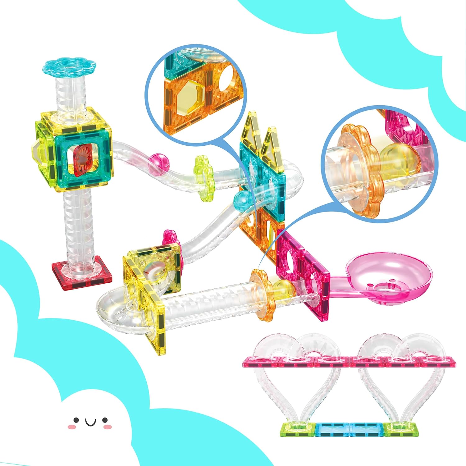 PicassoTiles 40pc Mini Diamond Series Magnetic Tile Race Track Set LED Car Travel Size Magnet Block Toy Set Magnetized Building Fine Motor Skill STEM Education Learning Development Kit Ages 3 PTMR4045pc Marble Run